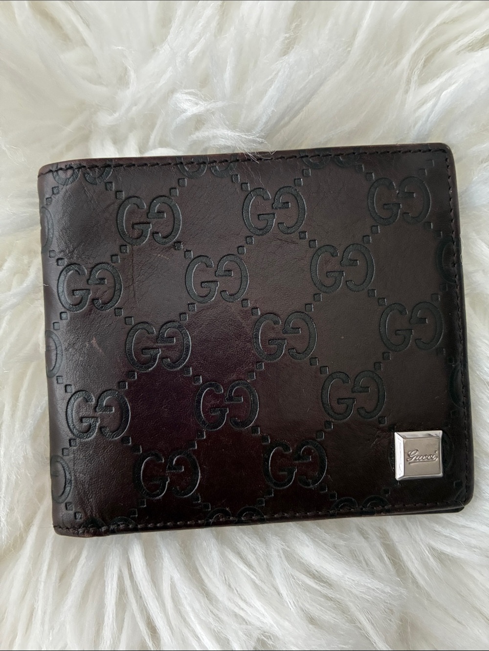 Gucci Dark Brown Embossed GG Leather Wallet with Silver Plaque